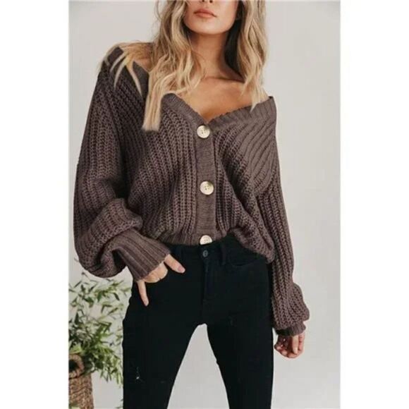 Long Sleeve Button Loose Short Cardigan Outerwear Coats Coffee - Picture 6 of 7